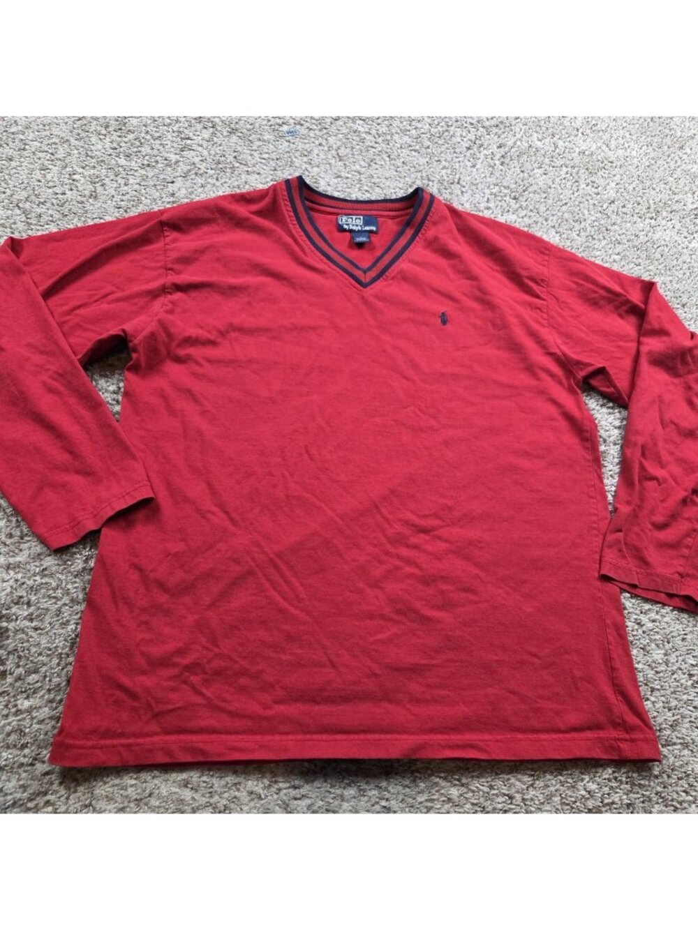 Polo Ralph Lauren T Shirt Mens Large Red Long Sleeve Stripe V Neck Blue Pony